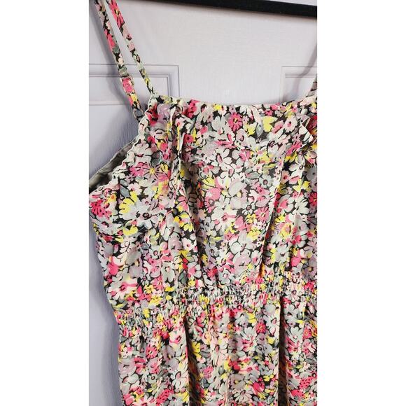 Y2K Pink Floral Chiffon ruffle mini Dress Sz Large Spaghetti Straps Lined chintz - Picture 3 of 12